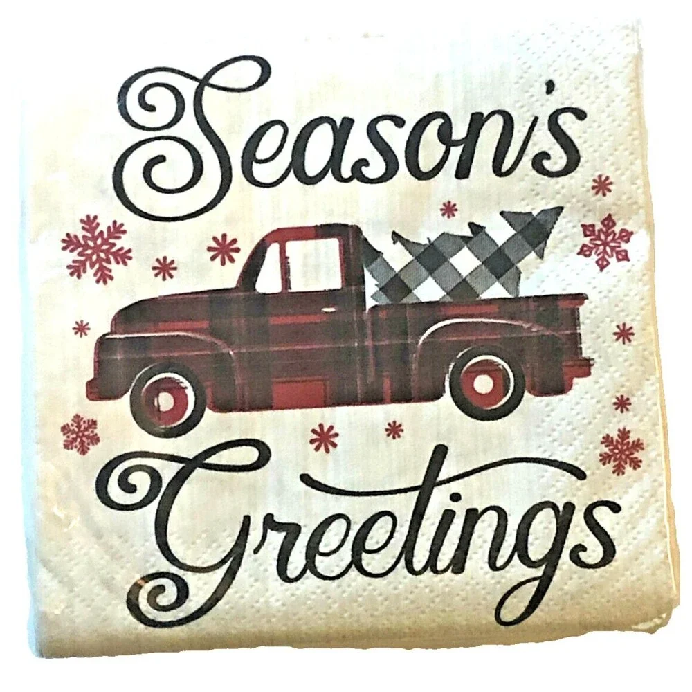 Christmas Red Farm Truck Paper Cocktail Napkins Seasons Greetings 60ct Decoupage